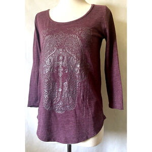 Lucky Brand Womens Maroon Top Silver Foil Elephant Size S Long Sleeve Shirt Boho